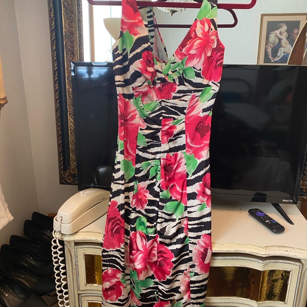 Cache Vibrant Pink and Green Floral Midi Dress